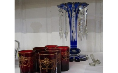 VICTORIAN GLASS, a cased blue and clear glass lustre (some d...