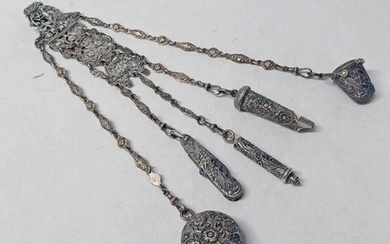 VICTORIAN SILVER CHATELAINE WITH PIERCED DECORATION DEPICTIN...