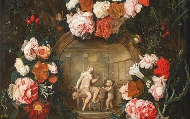 Verbruggen, Caspar Peeter d. J. (Attrib.): Blumengirlande um eine Steinkartusche mit Venus und Amor als Honigdieb
