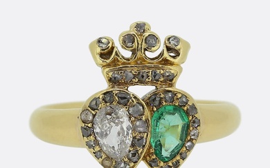 Victorian Emerald and Diamond Double Heart Ring
