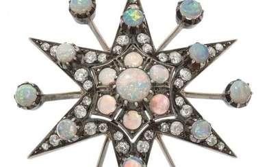 Victorian Opal, Diamond, Silver-Topped Gold Broo