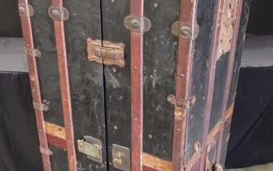 Victorian Timber Bound Steamer Trunk with Fitted Interior (H:61 x W:135 x D:58cm)