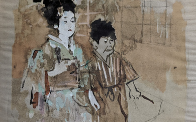 Vintage Original Japanese Watercolor Geisha with Attendant