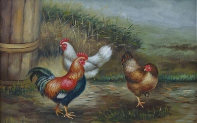 Vintage Painting, Barnyard Chickens, Oil on Canvas