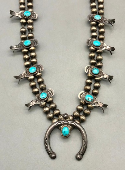 Vintage Small Sized Turquoise And Sterling Silver Squash Blossom Necklace
