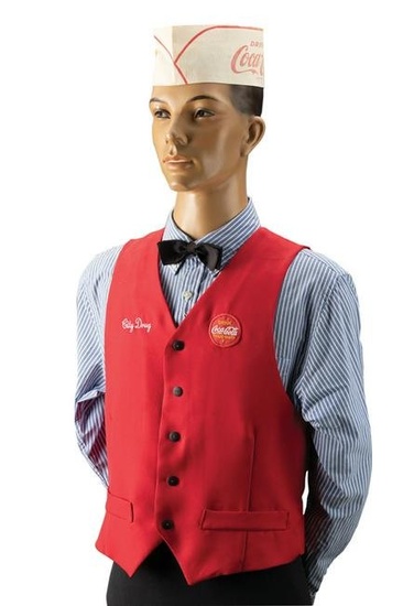 Vintage Soda Fountain Jerk Mannequin, circa 1930s with red vest marked "City Drug". This is the