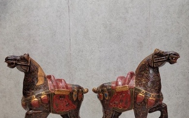 Vintage Tang Dynasty Style War Horse Floor Statues Sculptures - Set of 2