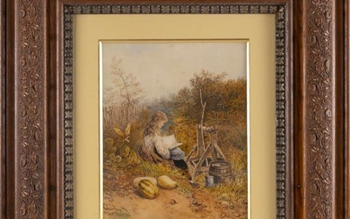 WATERCOLOR OF A GIRL READING BY A WELL Late 19th/Early 20th Century 14" x 11" sight. Framed 32" x