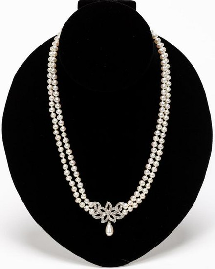 White Gold & Diamond Floral Accent Pearl Necklace