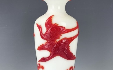 White Peking Glass Vase with Red Overlay of Cranes in Clouds