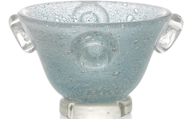 Willem De Moor for Flygsfors vase, Art glass footed bowl, 1940, Clear glass with bubbles, Underside inscribed 'FLYGSFORS. W. de M 40', and number '133', 11cm high, 18.5cm diameter
