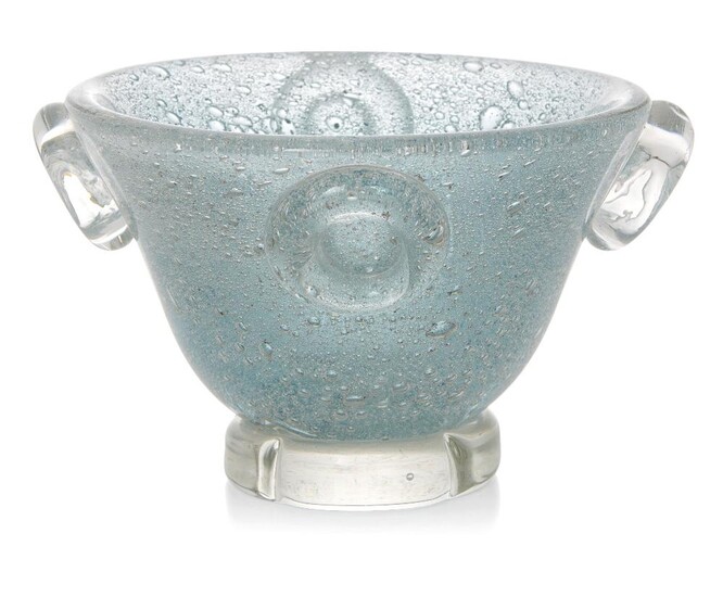 Willem De Moor for Flygsfors vase, Art glass footed bowl, 1940, Clear glass with bubbles, Underside inscribed 'FLYGSFORS. W. de M 40', and number '133', 11cm high, 18.5cm diameter