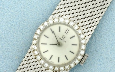 Womens Vintage Manual Wind Omega Wrist Watch In Solid 18K White Gold