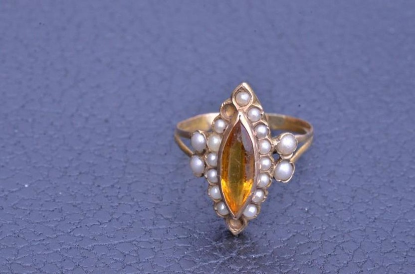 Yellow Gold Navette Style Ring with Seed Pearls
