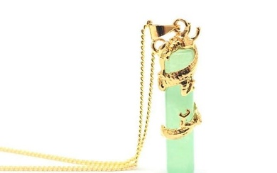 Yellow Gold Plated Dragon Coil Natural Light Green Pillar Pendant With 925 Stamped Chain