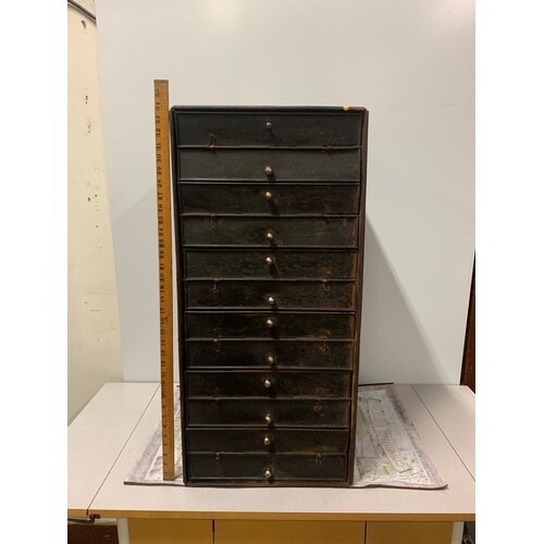12 drawer 1930's Industrial metal film reel storage cabinet.