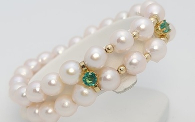 14 kt. Akoya pearls, Gold - Bracelet - 1.50 ct Emerald