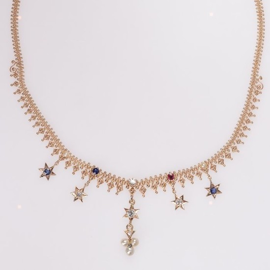 14 kt. Pink gold - Necklace, Antique Bismarck chain with stars, Anno 1900 -Diamond - Pearls, Rubys, Sapphires