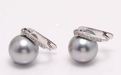14 kt. White Gold - 11x12mm Round Tahitian Pearls - Earrings - 0.11 ct