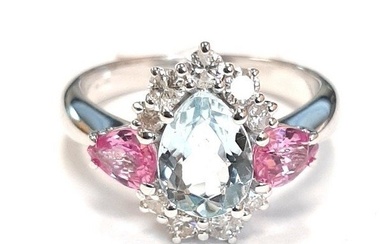 14 kt. White gold - Ring - 0.90 ct Aquamarine - Diamonds, Sapphires
