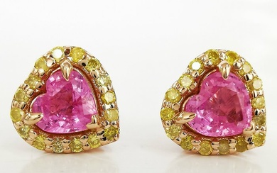 1.40 ct Pink Sapphire & 0.30 ct N.F.I.Yellow N.F.Vivid Yellow Diamond Designer Earrings - 2.67 gr - 14 kt. Pink gold - Earrings - 1.40 ct Sapphire - Diamonds