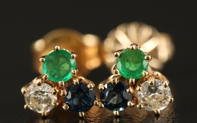 14K Diamond, Sapphire and Emerald Stud Earrings