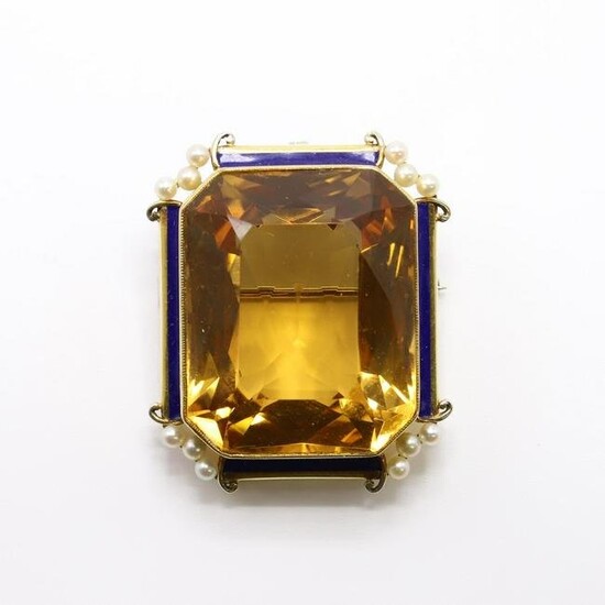 14K Gold Citrine, Pearl and Enamel Pin Pendant