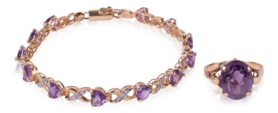 14K YELLOW GOLD AMETHYST AND DIAMOND BRACELET AND AMETHYST RING