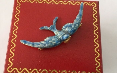 14k Blue Enamel Bird Pin - .585 (14 kt) gold - U.S. - First half 20th century