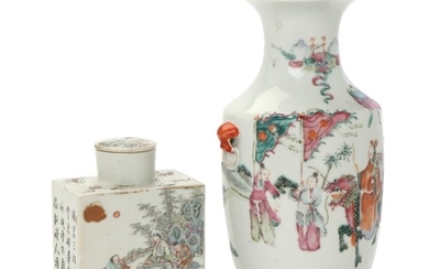 A Chinese tea caddy and porcelain vase, decorated in colours with parade and scholars and servants in a garden with poem. Republic 1912–1949. (2)