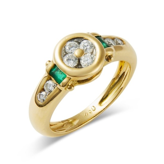 18 kt. Gold, Yellow gold - Ring - 0.38 ct Diamond - Diamonds, Emeralds