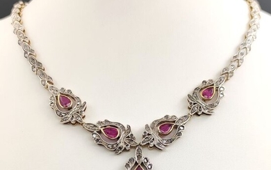 18 kt. Silver, Yellow gold - Necklace - 5.00 ct Ruby - 5.13 Ct Diamonds