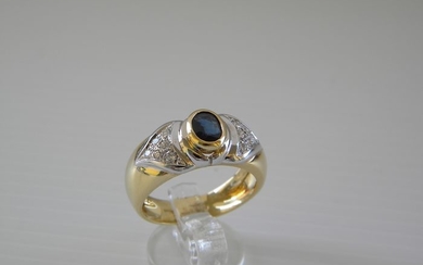 18 kt. White gold, Yellow gold - Ring - 0.15 ct Diamond - Sapphire