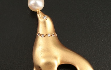 18K Seal Brooch with a Pearl Ball and Diamond Accents