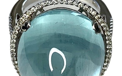 18K White Gold Oval Cut Cabochon Aquamarine Diamond Ring