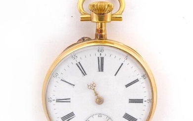 18K yellow gold GOUSSET WATCH, white enamelled dial, Roman numeral and seconds at 6 o'clock. Diameter: 4 cm. Gross weight : 49.64 gr. A yellow gold pocket watch.