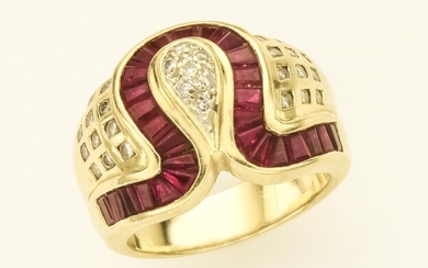 18K yellow gold, diamond and ruby ring.