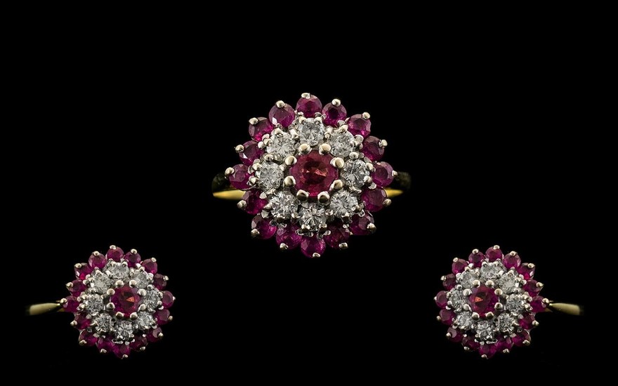 18ct Gold Attractive Ruby and Diamond Set Dress Ring, Flower...