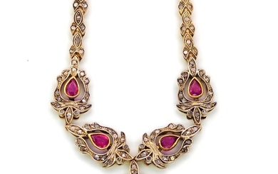 18k Gold and Silver, Ruby and Diamond Necklace