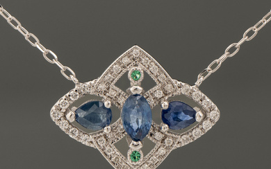 18kt white gold chain with a pendant of three sapphires,...