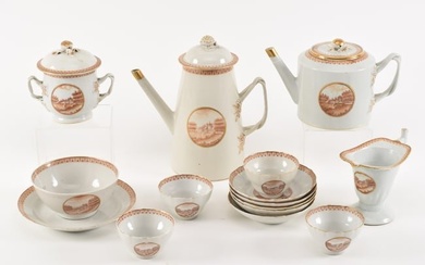 18th century Chinese export tea set. Lighthouse tea pot with additional teapot, cups and saucers