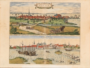 1907/59: Braun & Hogenberg: Two prospects of Copenhagen. 1587. Handcoloured engraving. Sheet size 40 x 53 cm.