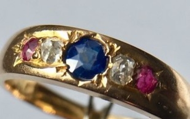 19.2K ouro amarelo 0,800/1000 Antique Sapphire Ring, 2 antique cut diamonds, 2 rubies - Ring - 0.30 ct