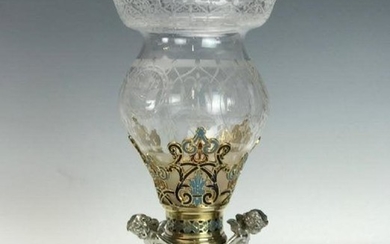 19TH C. CHAMPLEVE ENAMEL & BACCARAT GLASS CENTERPIECE