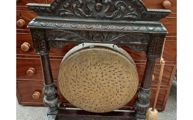 19TH CENTURY CARVED OAK FRAMED DINNER GONG IN THE ARTS & CRA...