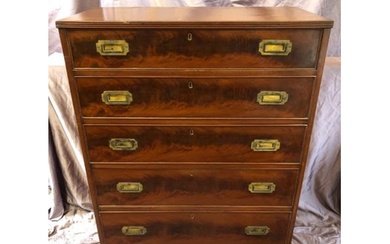 19TH CENTURY FLAMED MAHOGANY CAMPAIGN CHEST WITH FIVE DRAWER...