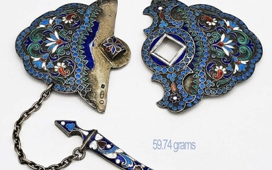 19th C. Faberge Style Silver (59.74 g) Russian Enamel Belt Buckle
