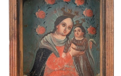 19th C. Mexican Retablo, Virgin and Christ Child