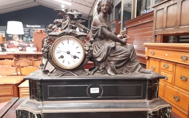 19th Century French Black Slate & Marble Mantle Clock, with a spelter figure of a young woman allegorical of love and summer, signed...