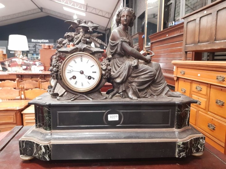 19th Century French Black Slate & Marble Mantle Clock, with a spelter figure of a young woman allegorical of love and summer, signed...